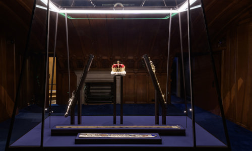 The Honours of Scotland (Crown of Scotland, Sceptre, Sword of State, Belt and Scabbard) in their display cabinet