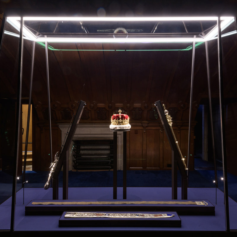 The Honours of Scotland (Crown of Scotland, Sceptre, Sword of State, Belt and Scabbard) in their display cabinet