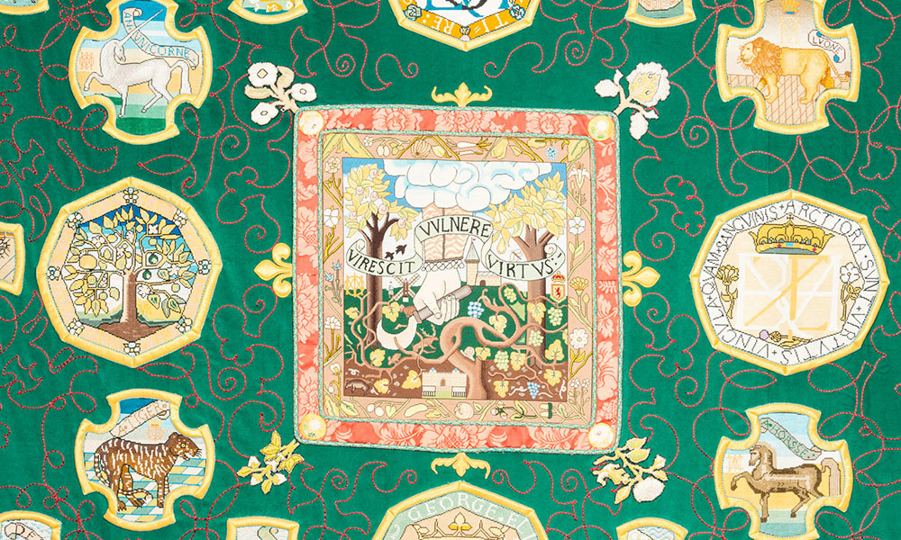 Detail view of the Marian Tapestry hanging in the Laich Hall Ante Chamber