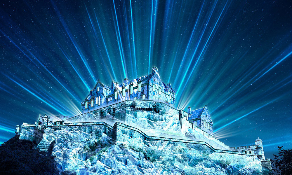 Image of Edinburgh Castle with blue lines of light coming out of it