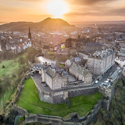 Aerial view of Edinburgh Castle on an early sunny morning