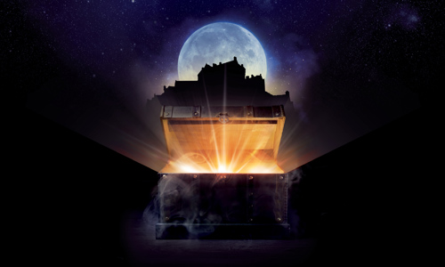Silhouette of Edinburgh Castle with moon in background and a treasure chest in the foreground