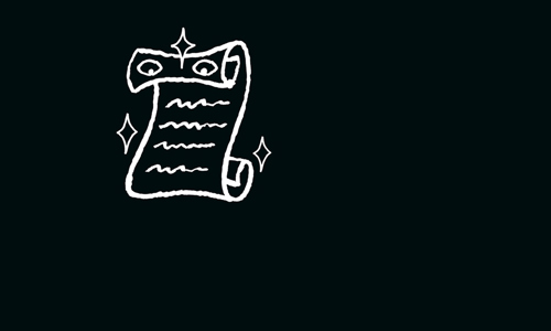 An outline of a scroll with eyes