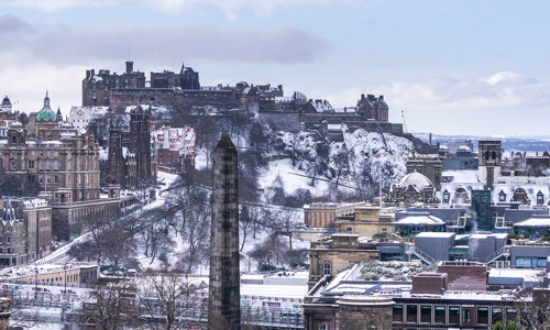 General snowy view of Edinburgh Castle