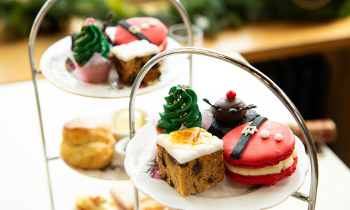 Festive themed cakes on a cake stand