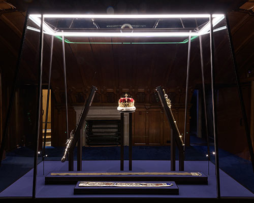 The Honours of Scotland (Crown of Scotland, Sceptre, Sword of State, Belt and Scabbard) in their display cabinet