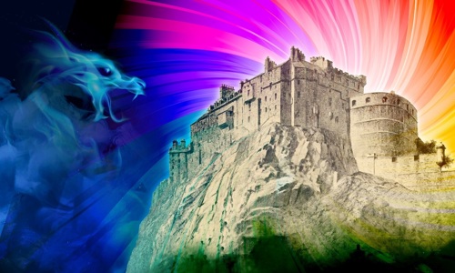 Colourful drawing of Edinburgh Castle with laser lights and a dragon breathing on the castle