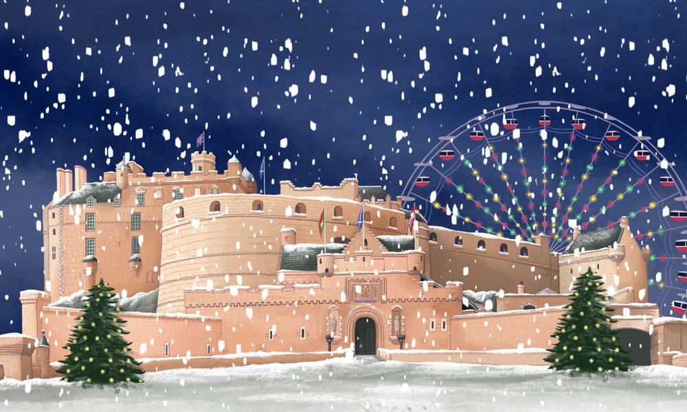 A painting of a castle with dark sky and snow falling and Christmas trees on the esplanade with the text 'Merry Christmas from everyone at Edinburgh Castle'