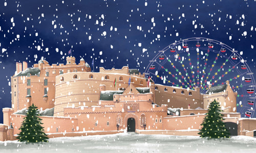 A painting of a castle with dark sky and snow falling and Christmas trees on the esplanade with the text 'Merry Christmas from everyone at Edinburgh Castle'